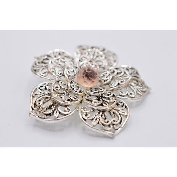 Monet Vintage Pin Brooch Silver Filigree Pink Crystal Flower Shiny Signed Bin5B - Picture 10 of 12